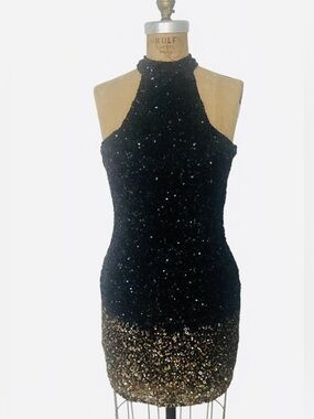 NWT PARKER Black & Gold Sequin Halter Mini Dress